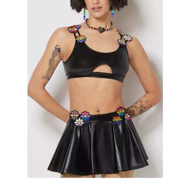 Body Rage rainbow flower faux leather cutout rave festival bra top pride S - Picture 8 of 9